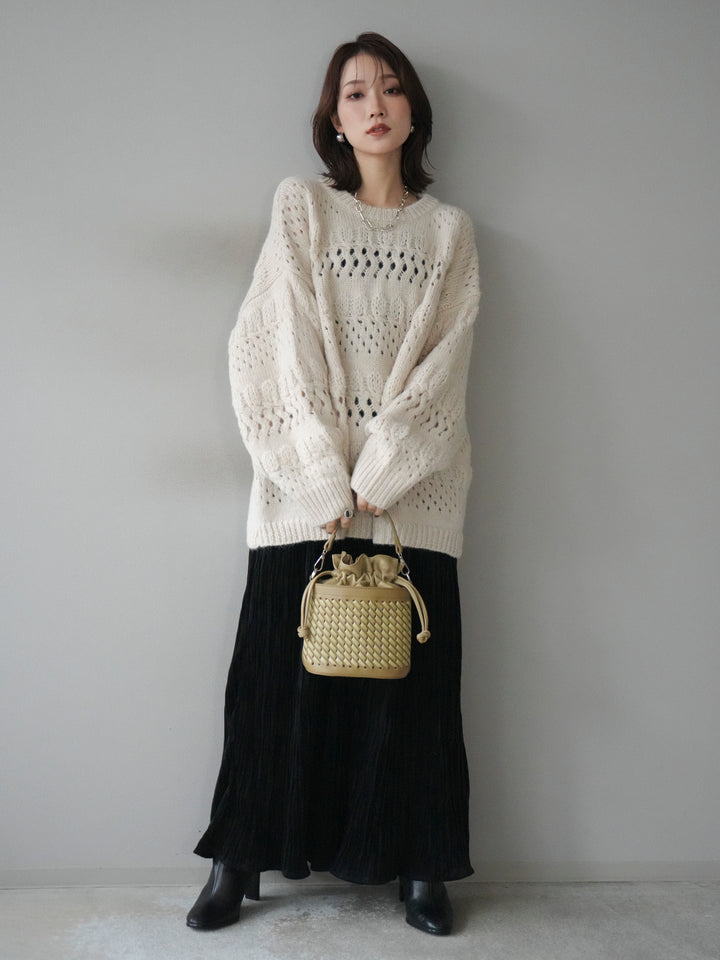 [予約]透かし編みクルーネックニットプルオーバー/ivory