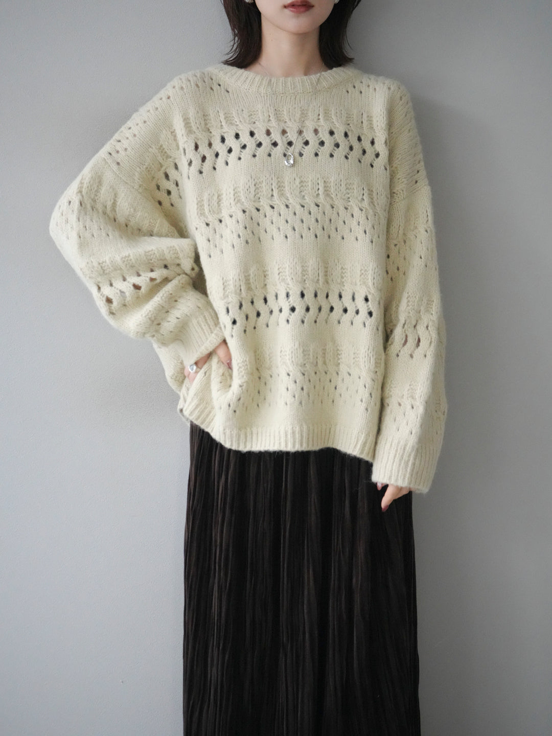 [予約]透かし編みクルーネックニットプルオーバー/green