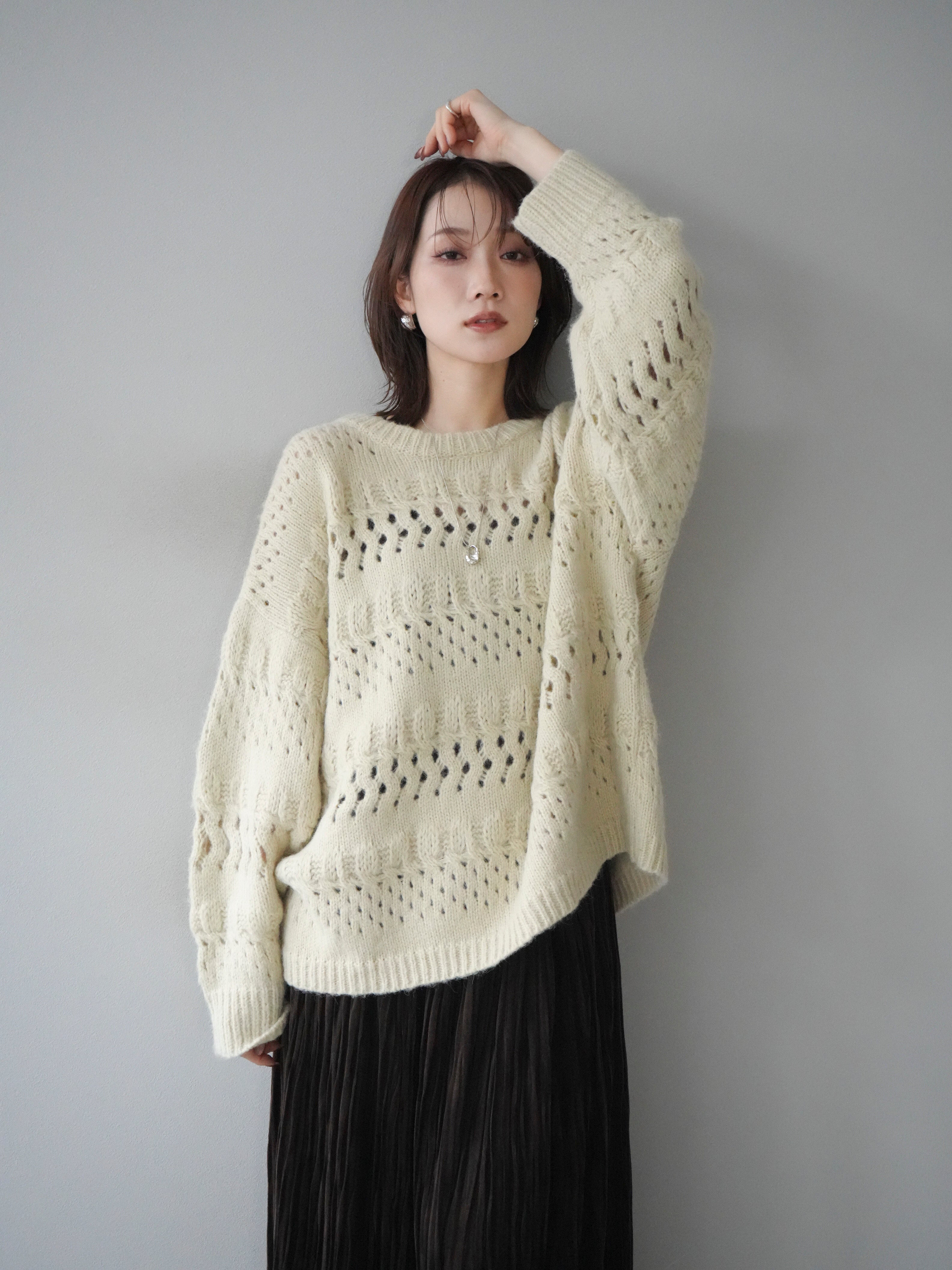 予約]透かし編みクルーネックニットプルオーバー/green – Lumier