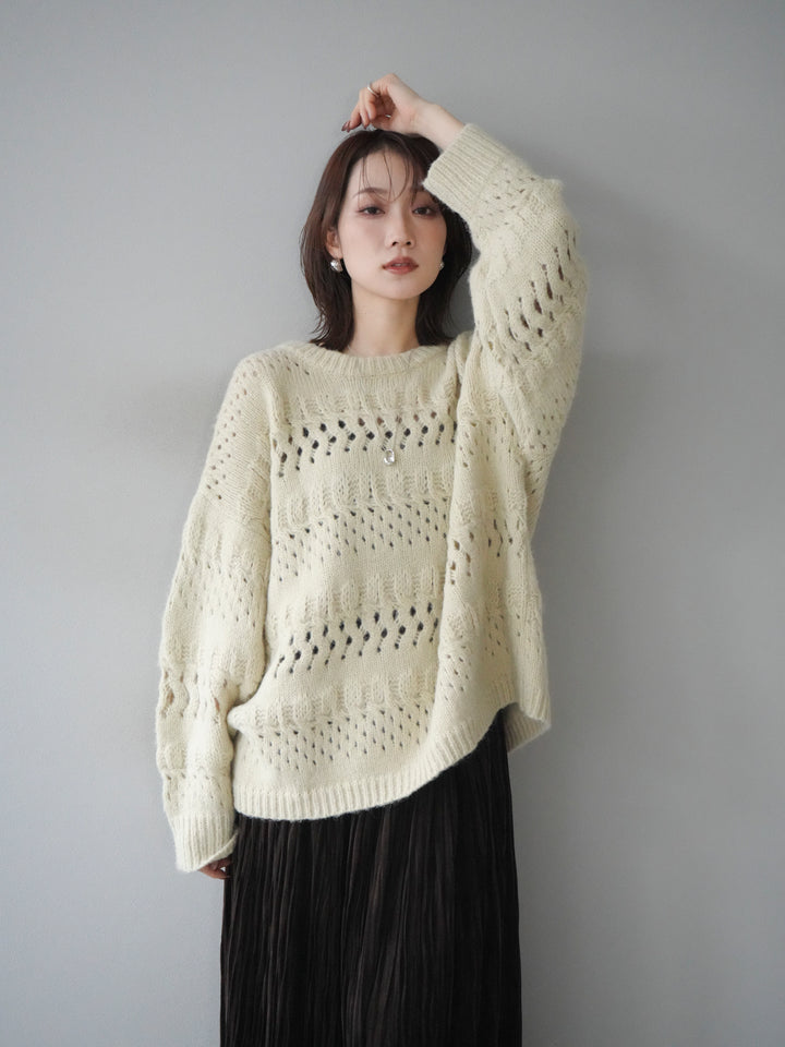 [予約]透かし編みクルーネックニットプルオーバー/green