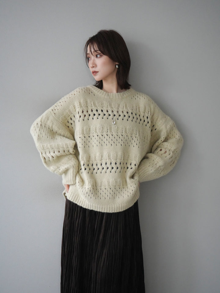 [予約]透かし編みクルーネックニットプルオーバー/green