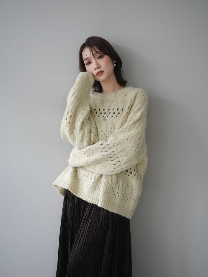 [予約]透かし編みクルーネックニットプルオーバー/green