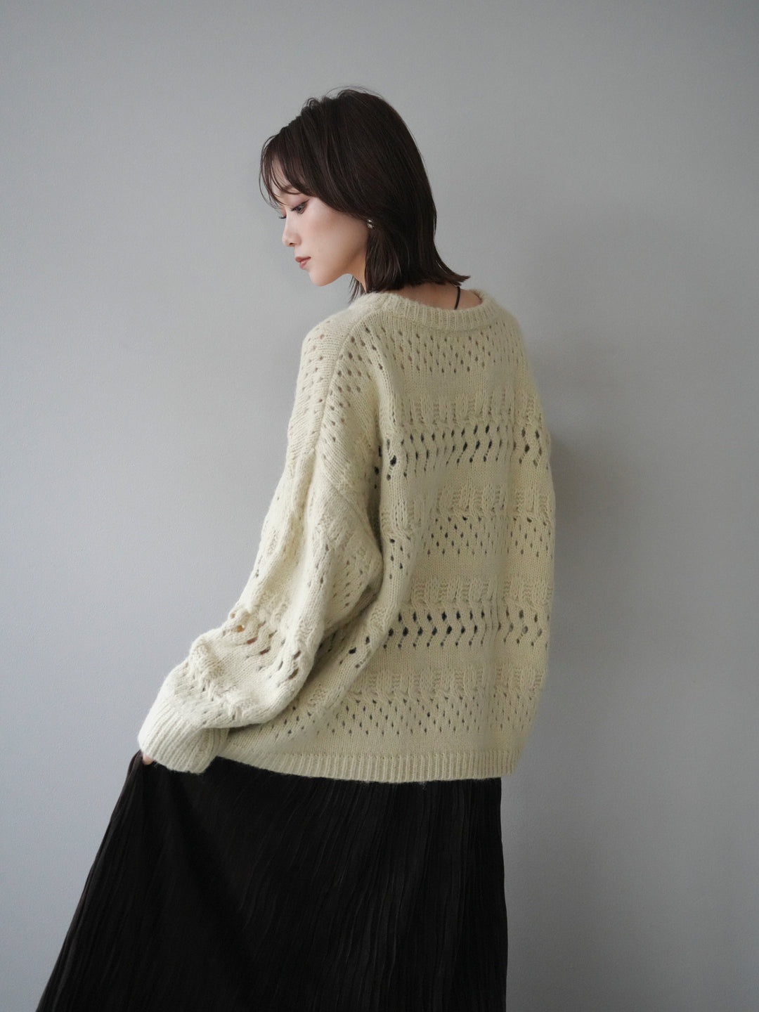 [予約]透かし編みクルーネックニットプルオーバー/green