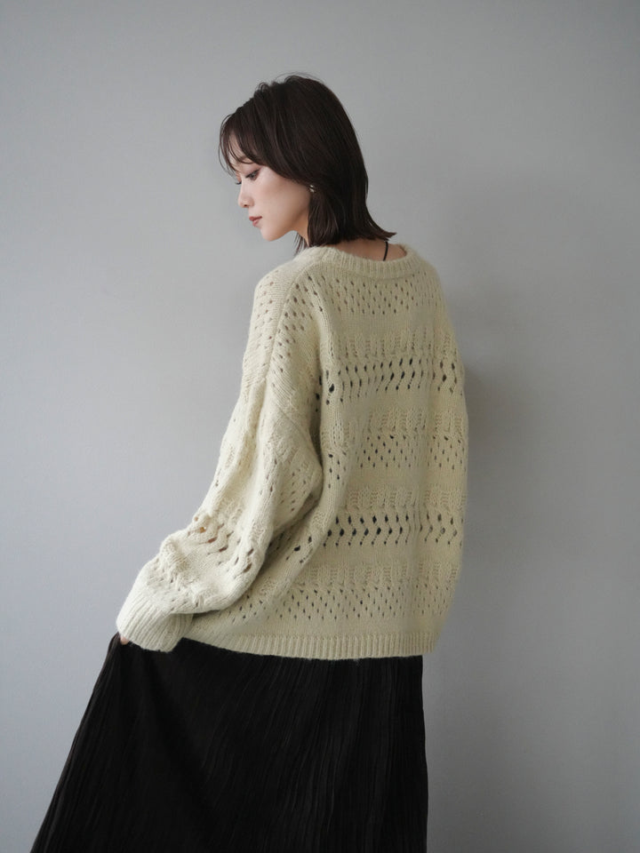 [予約]透かし編みクルーネックニットプルオーバー/green