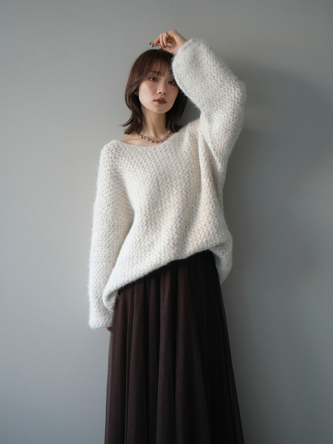 [SET]ウールタッチラメミックスヤーンVネックニットプルオーバー+チュールボリュームスカート(2set)