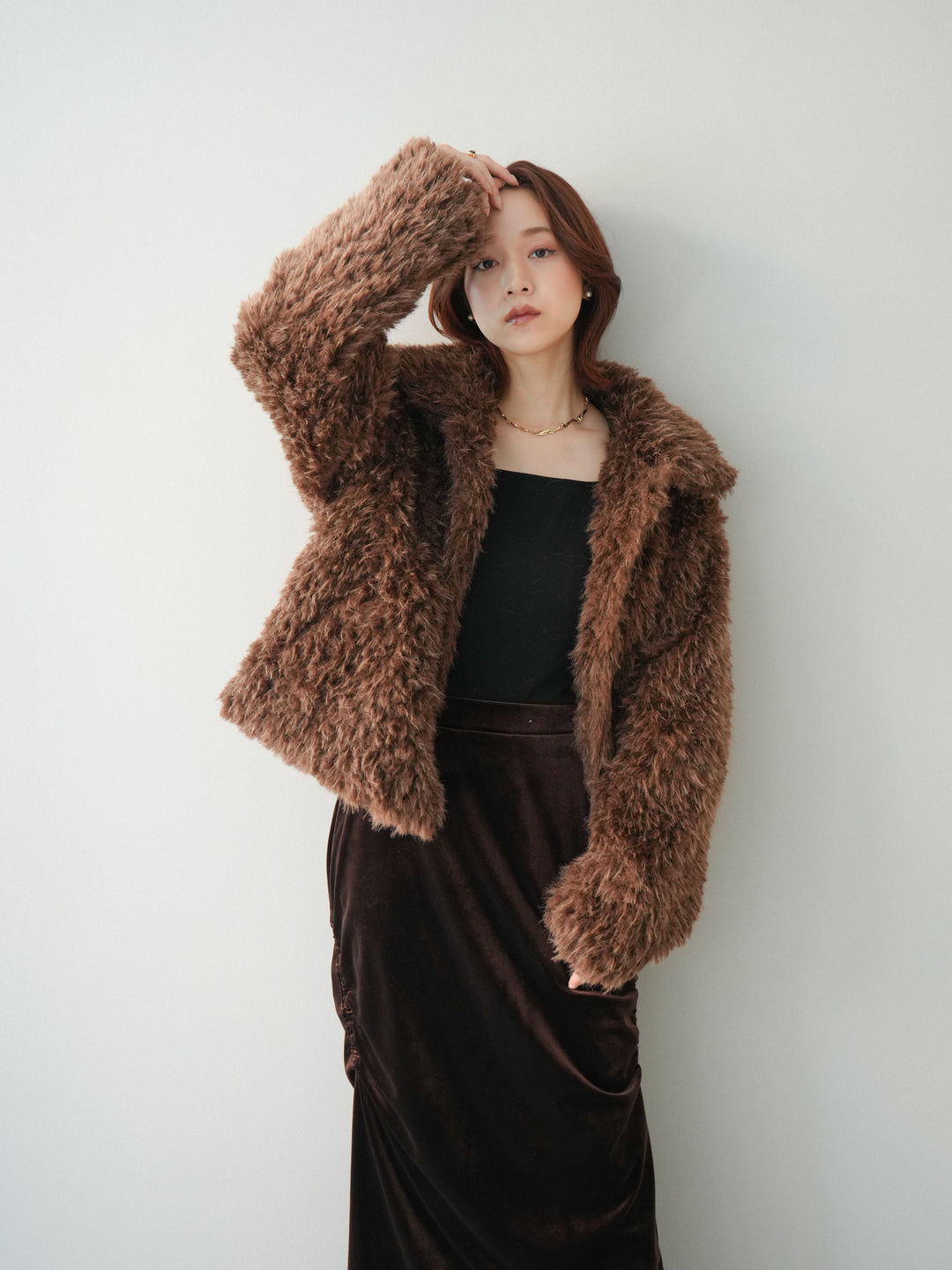 [SET]フェイクファー襟付きショートブルゾン+ギャザーベロアスカート(2set)