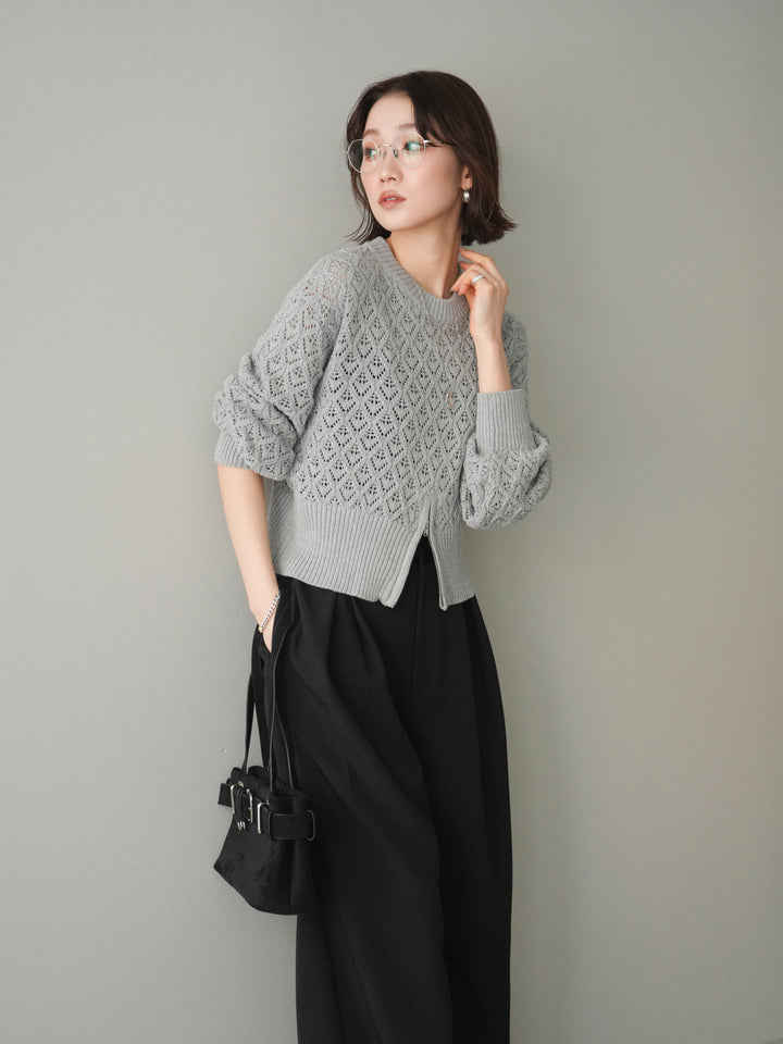 [予約]透かし編みフロントジップスリットニットプルオーバー/gray