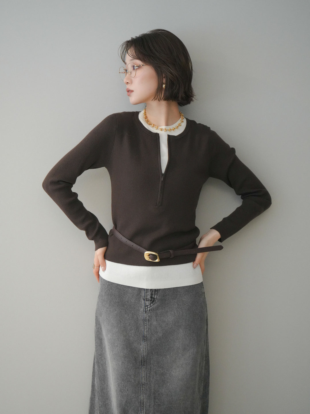 [予約]フロントジップ配色レイヤードニットトップス/choco