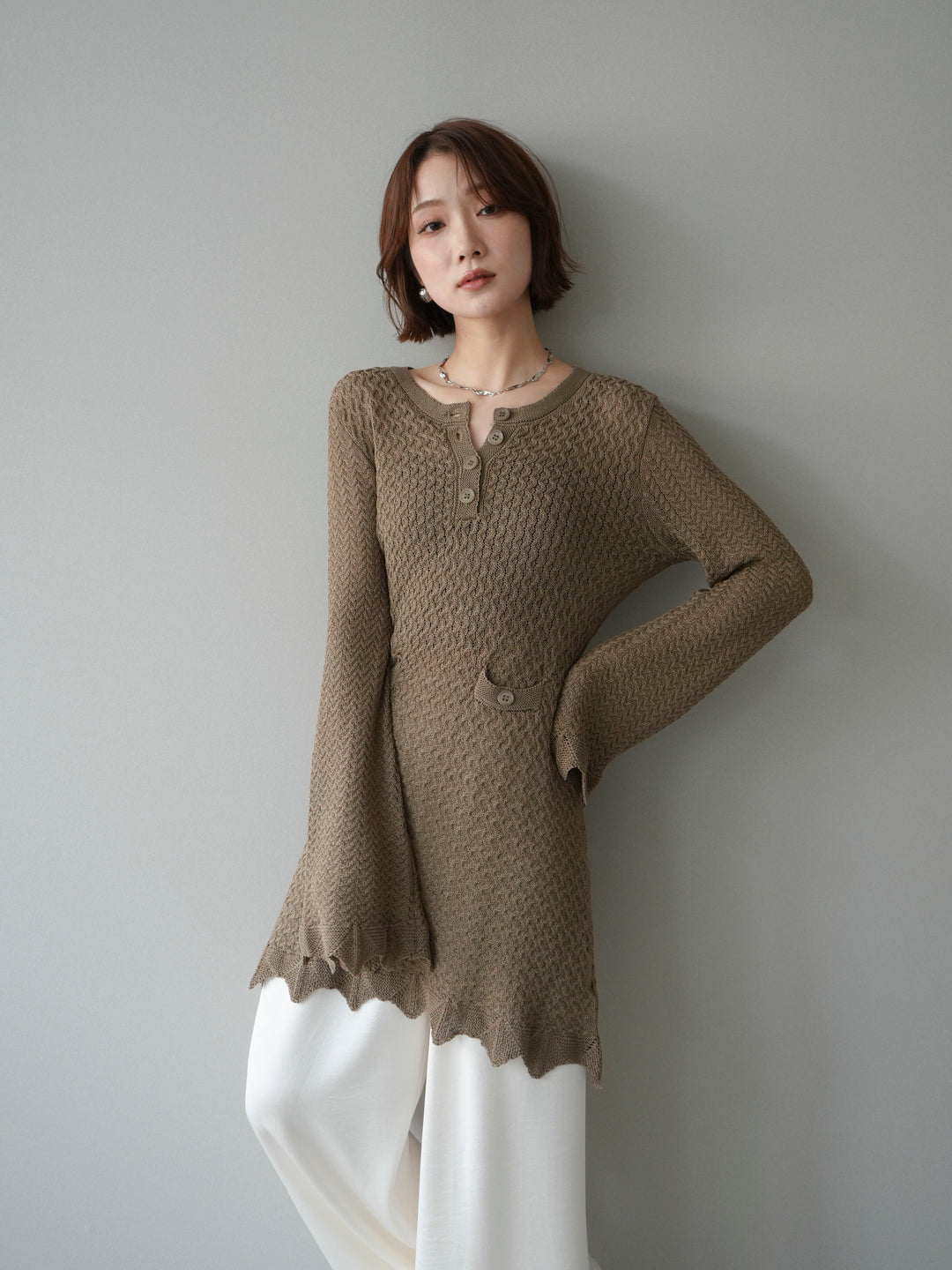 [予約]ヘンリーネックニットチュニック/khaki