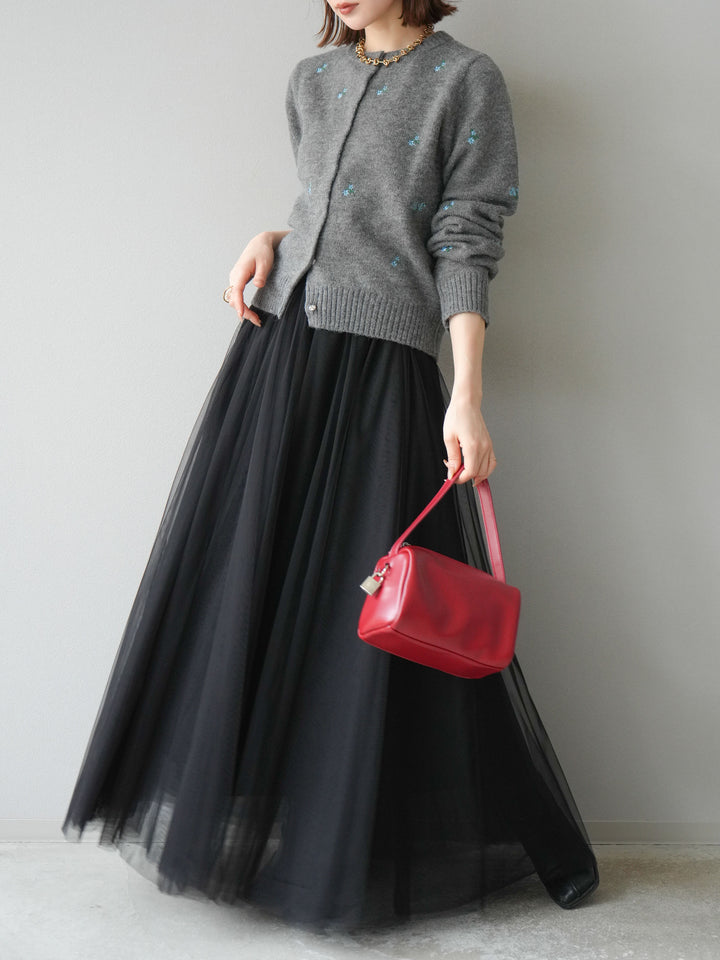 [SET]フラワー刺繍ニットカーディガン+チュールボリュームスカート(2set)
