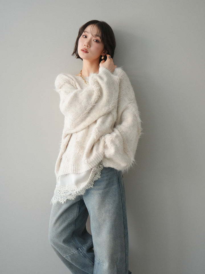 [SET]シャギーデザインニットプルオーバー+サテンレースキャミソール(2set)