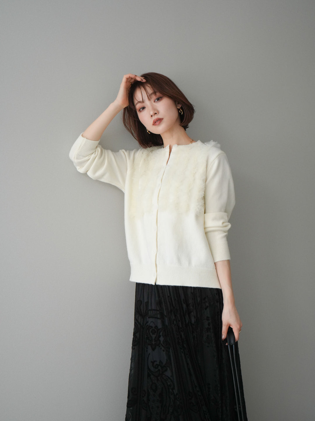 [SET]チュールフリルニットカーディガン+アンティーク柄フロッキーマキシスカート(2set)