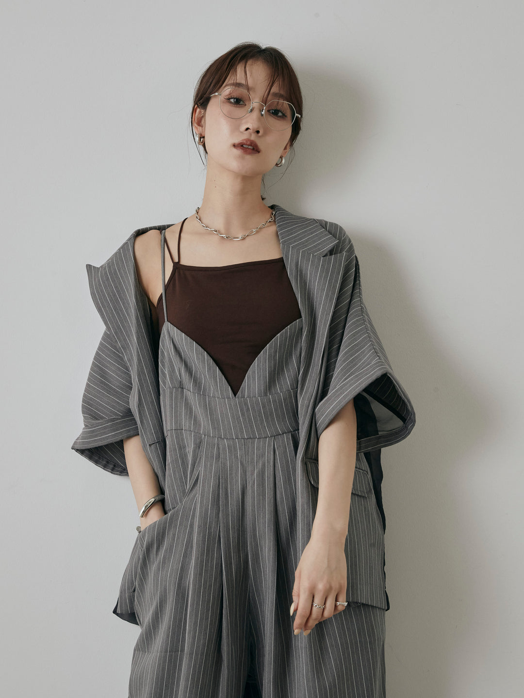 [予約]ヘリンボーンストライプサロペット/チャコール