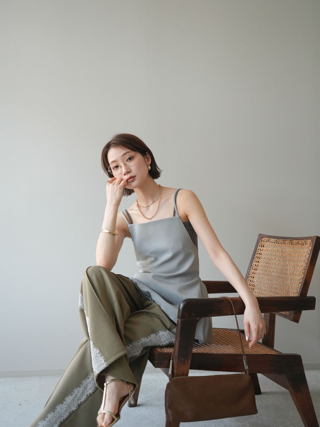 [SET]バックリボンバルーンチュニックキャミ+サイドレースポンチワイドパンツ(2set)