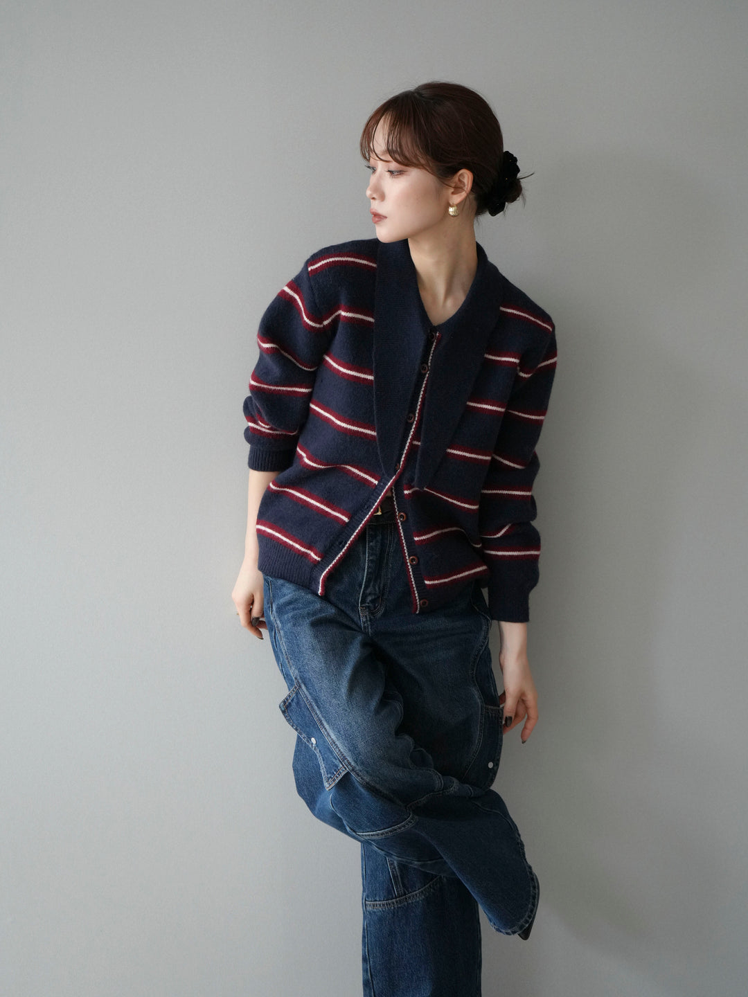 [予約]ボウタイボーダーニットカーディガン/navy