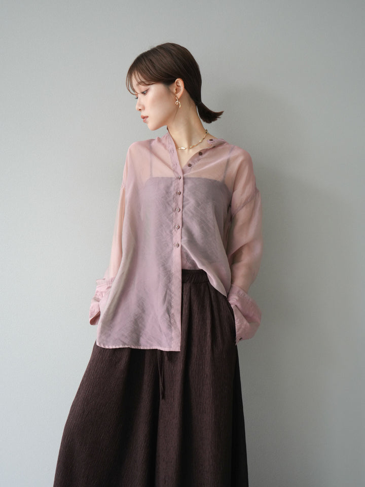 [SET] 亮面透視立領襯衫 + 柳葉寬褲 (2set)