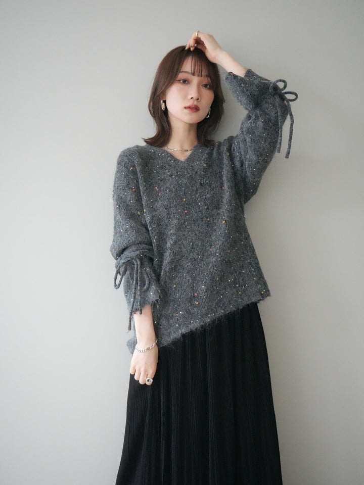 [予約]キャンディースリーブカラーネップスパンコールニットプルオーバー/gray