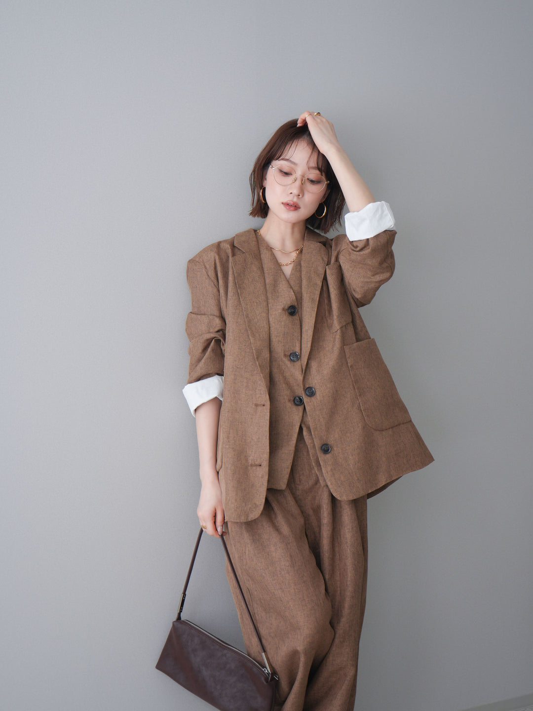 [SET]リネンライクテーラードジャケット+リネンライクバックオープンジレ+リネンライクタックワイドパンツ(3set)