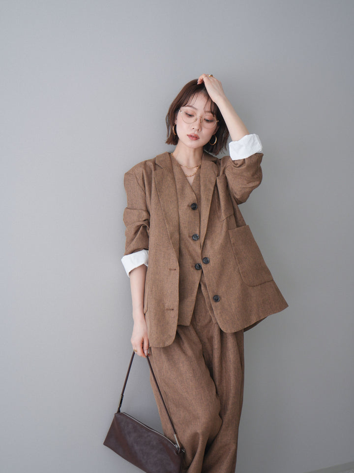 [SET]リネンライクテーラードジャケット+リネンライクバックオープンジレ+リネンライクタックワイドパンツ(3set)