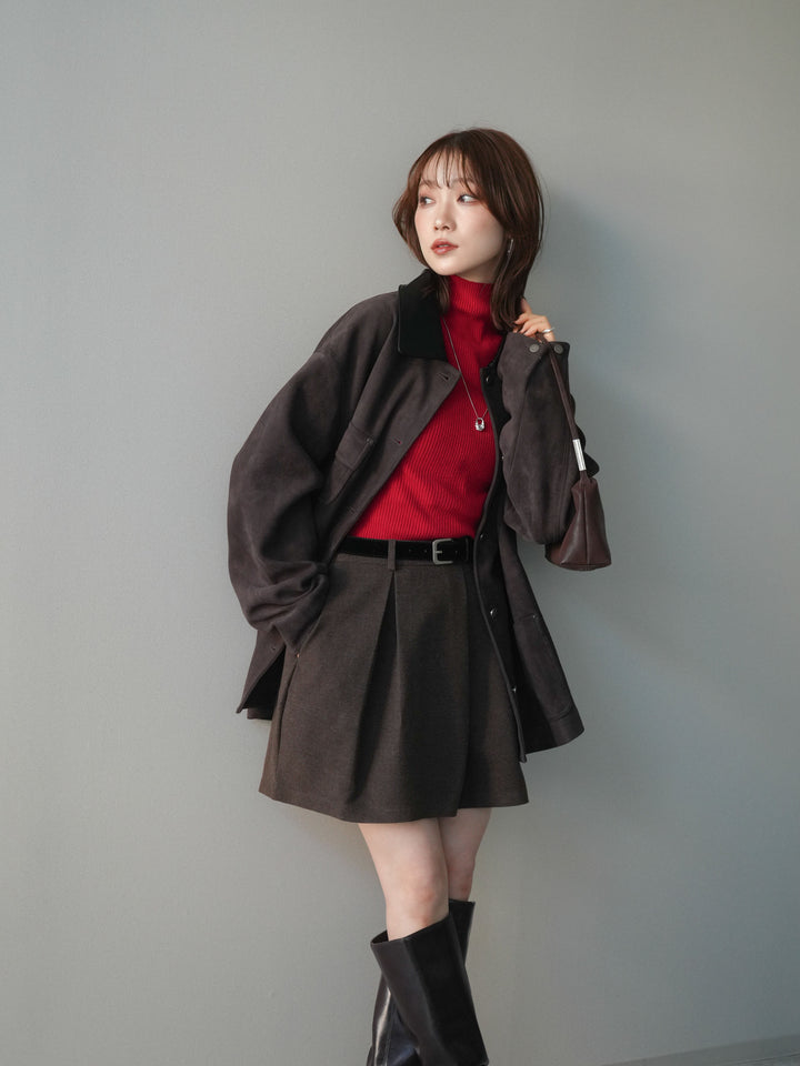 [SET]襟レザーステンカラースエードジャケット+袖ボタンボトルネックリブニットトップス(2set)