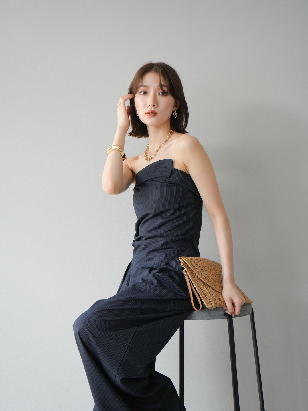 [SET] 條紋褶襉露肩上衣＆寬褲 SET UP (2set)