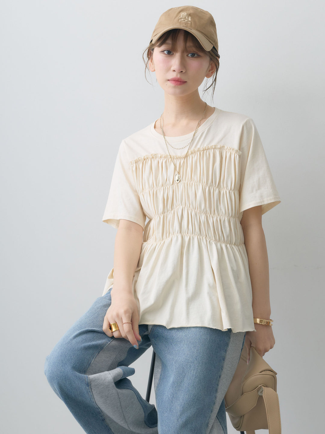 [SET]クールタッチシャーリングTEE+デニム切替スウェットパンツ(2set)