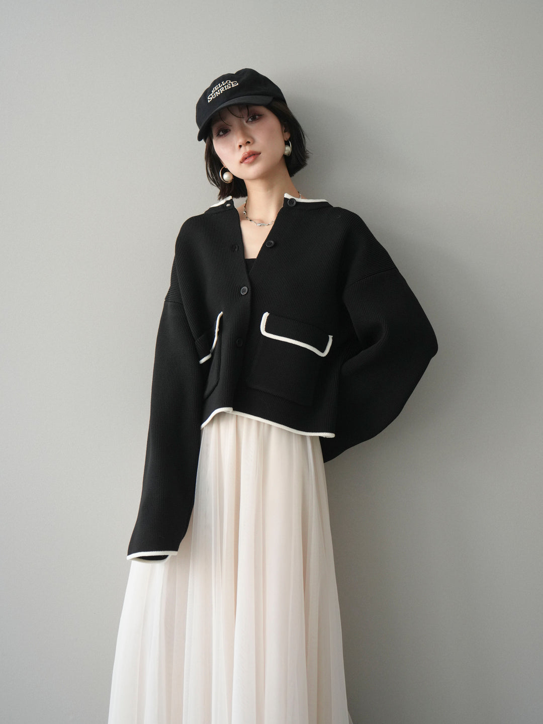 [SET]ポリエステル配色ニットカーディガン+選べるアクセセット(2set)