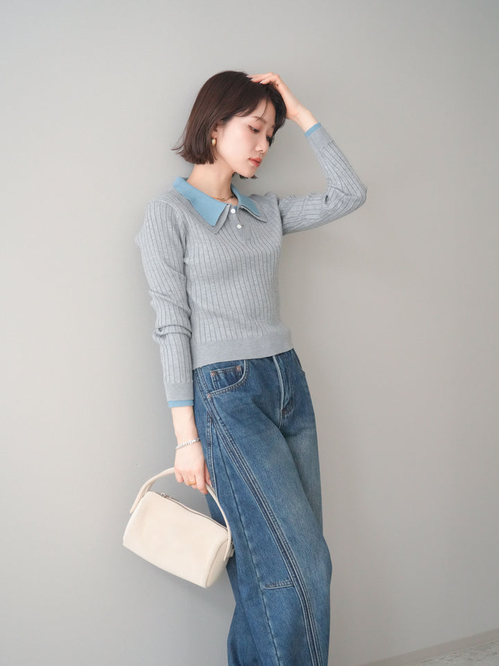[予約]ダブル襟ポロリブニットトップス/gray
