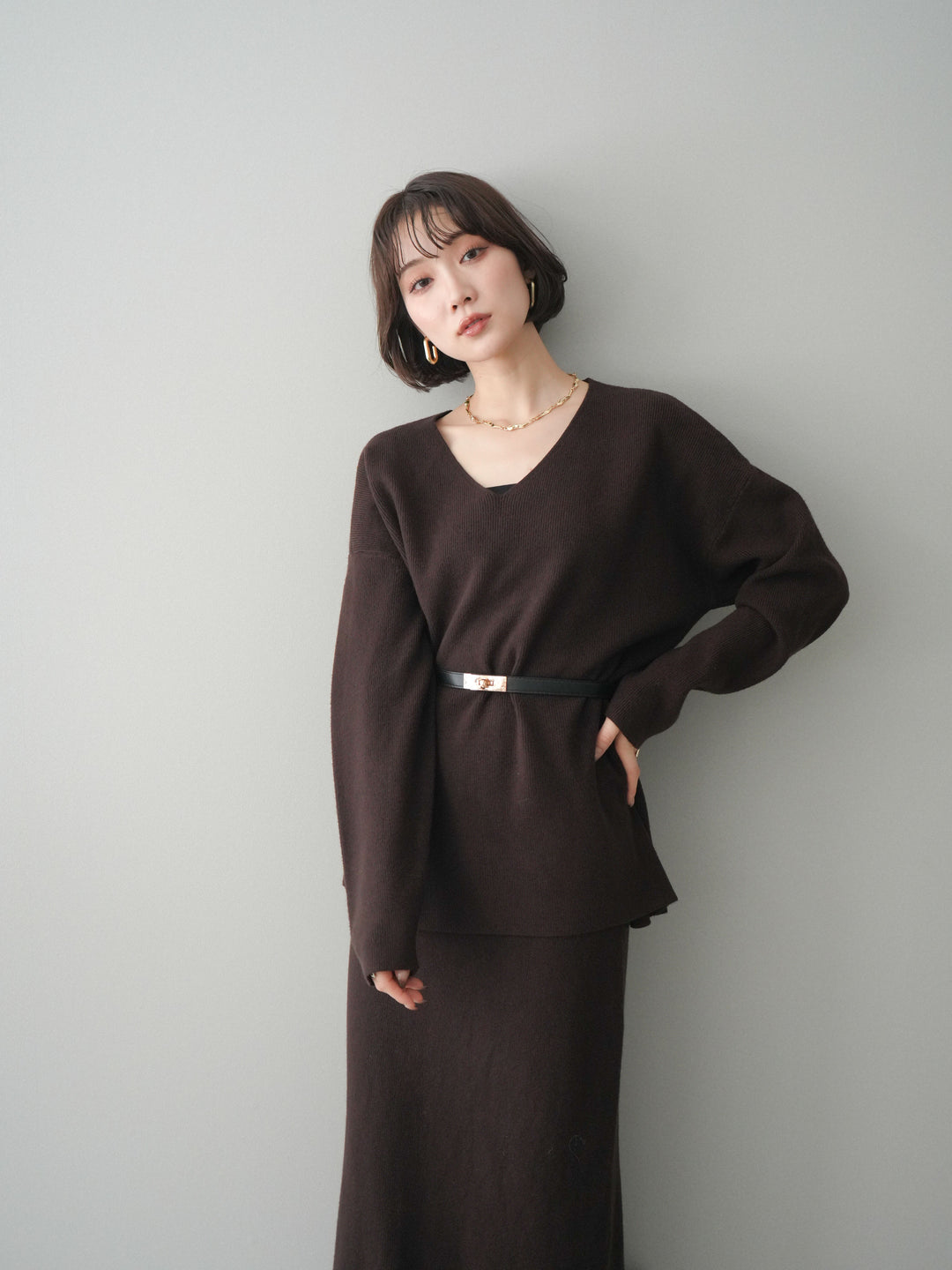 [SET]ベルト付Vネックニット＆スカートSET UP+ベルト付Vネックニット＆スカートSET UP(2set)