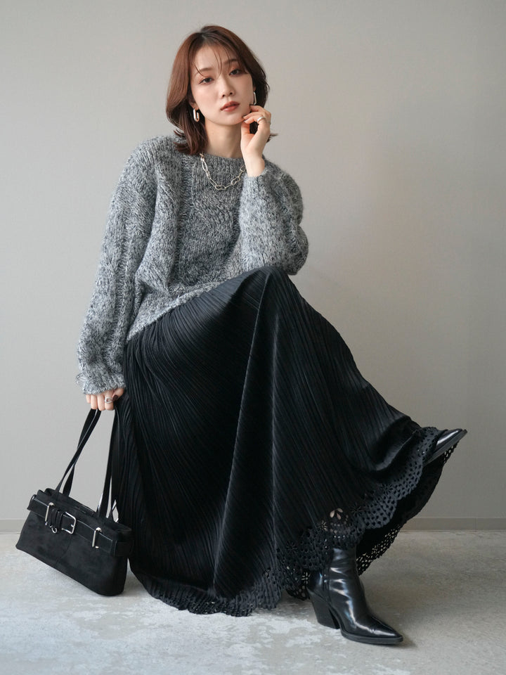 [予約]ワイドケーブルミックスニットプルオーバー/gray