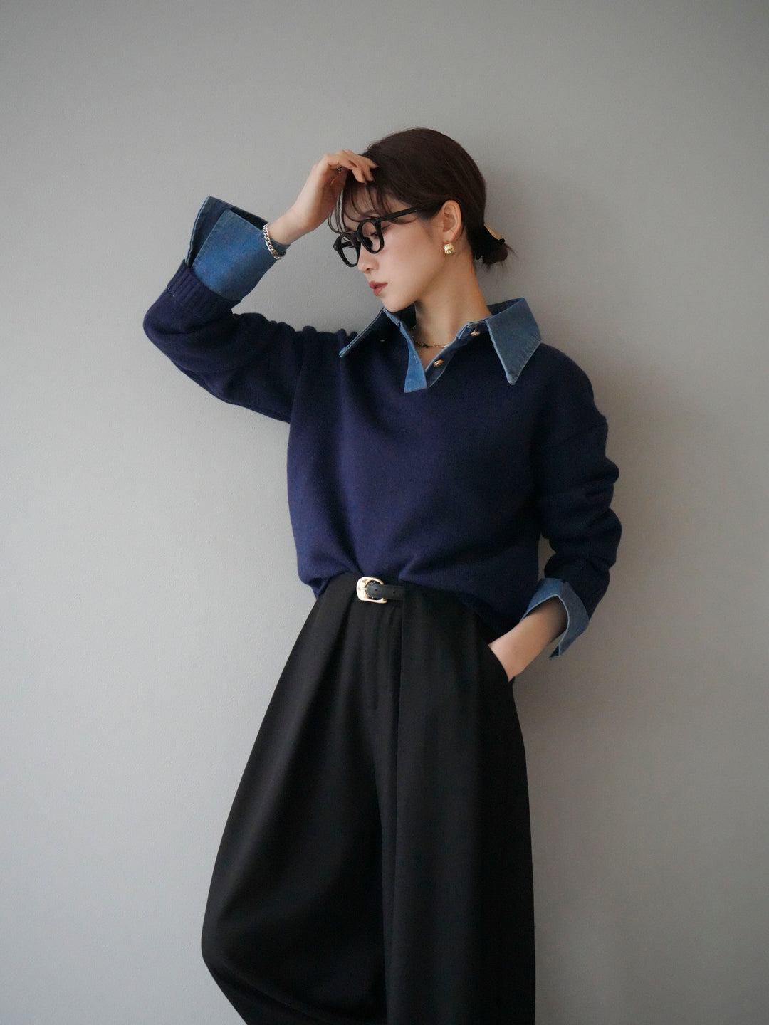 [SET]デニム襟ポロニットプルオーバー+デニム襟ポロニットプルオーバー(2set)