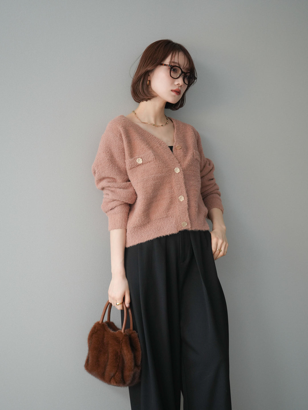 [SET]ゴールドボタンモールニットカーディガン+ベルトループデザインワイドパンツ(2set)