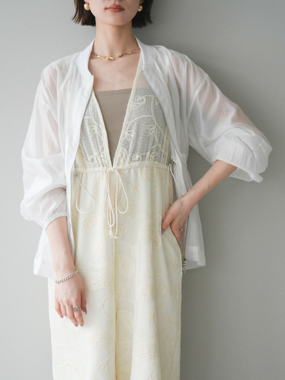 [SET]レース刺繍サロペット+ドロストシアーブルゾン(2set)