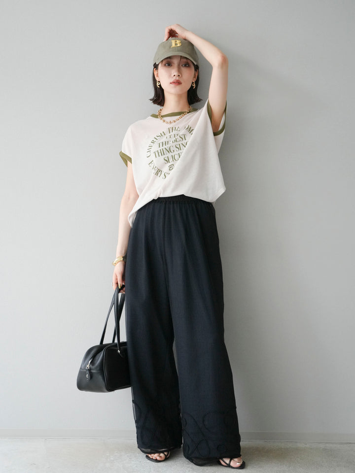 [SET] 繩繡薄紗疊穿褲+麻質寬鬆寬褲（2件組）
