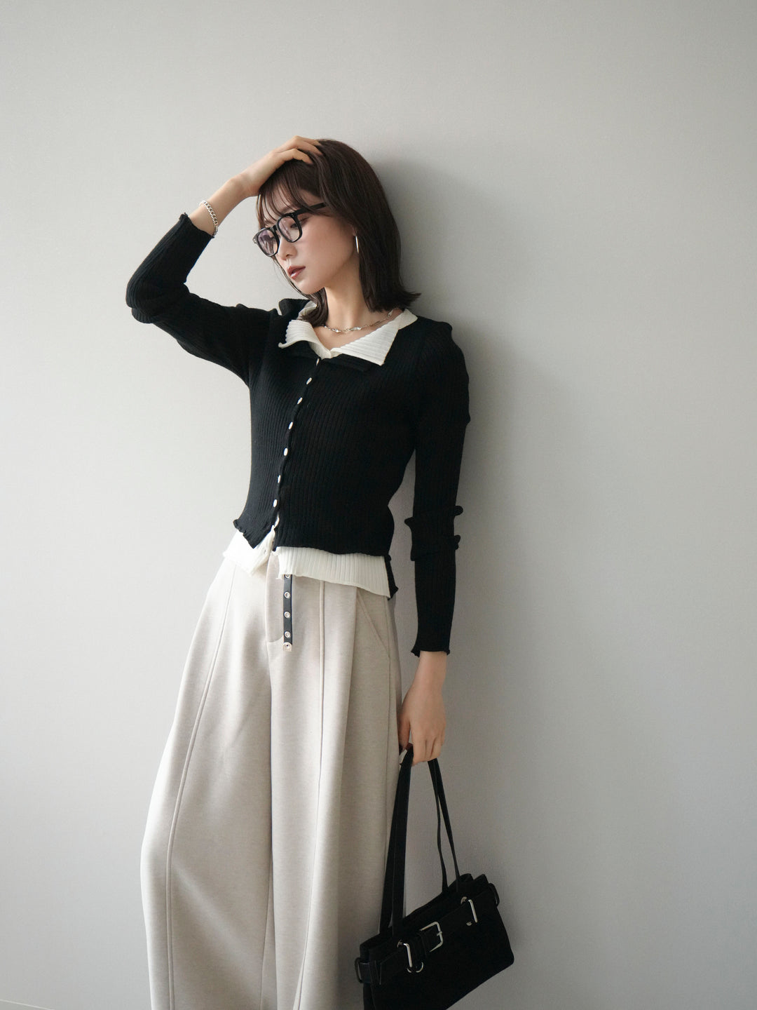 [予約]配色レイヤードリブニットカーディガン/black