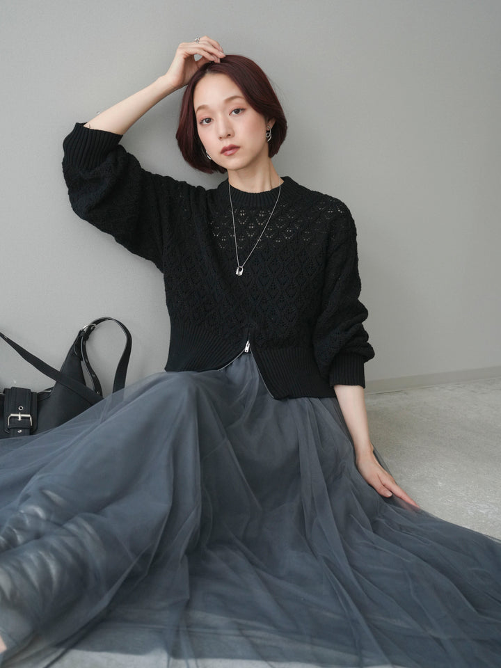 [予約]透かし編みフロントジップスリットニットプルオーバー/black