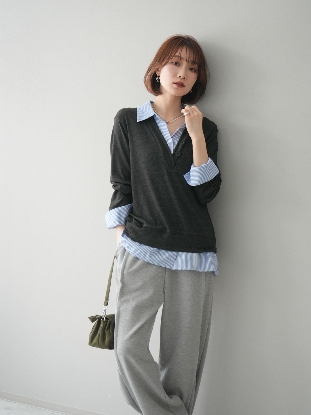 [予約]シャツレイヤードデザインカットプルオーバー/charcoal