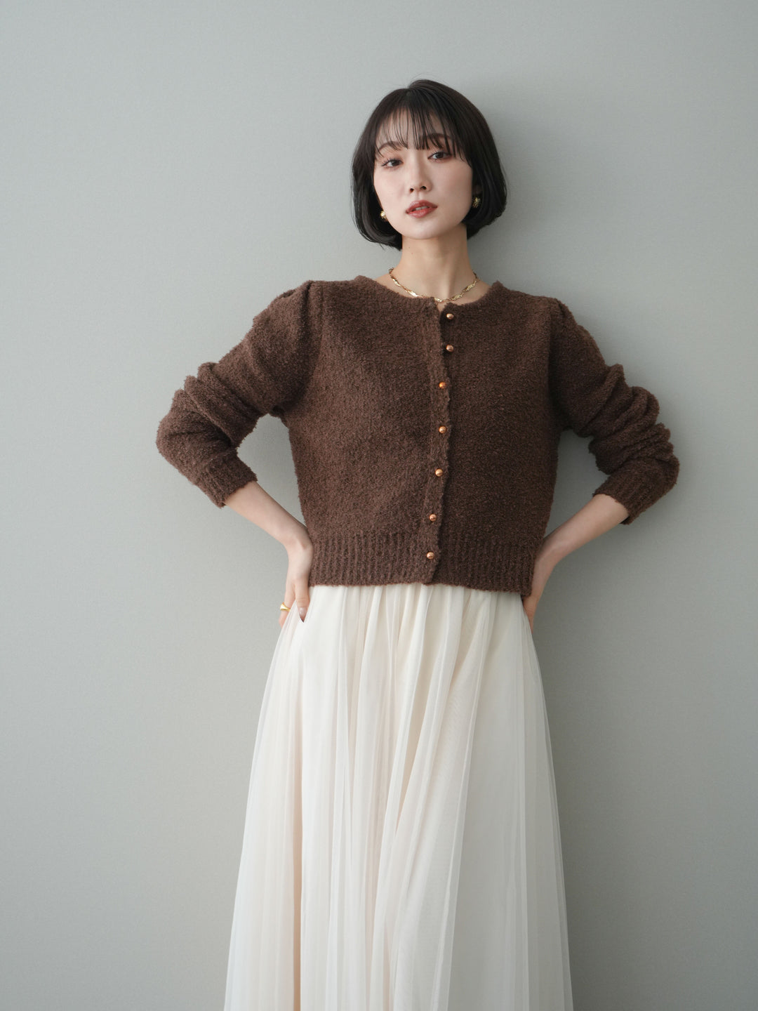 [SET]ゴールドボタンブークレニットカーディガン+チュールボリュームスカート(2set)