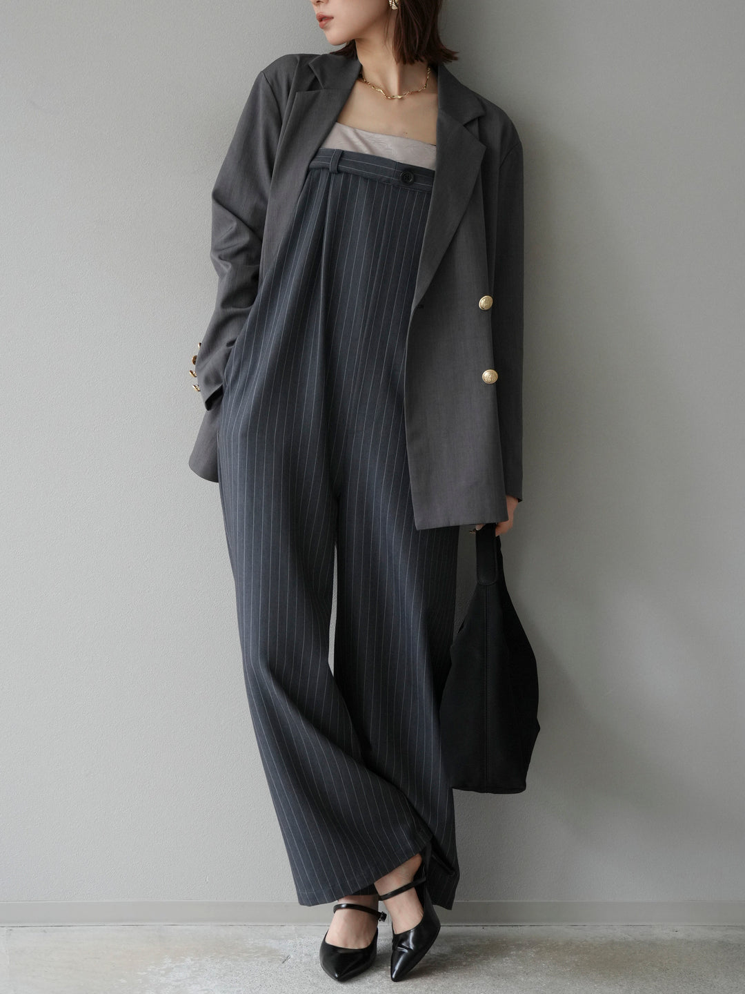 [予約]サテン切替ピンストライプサロペット/グレー