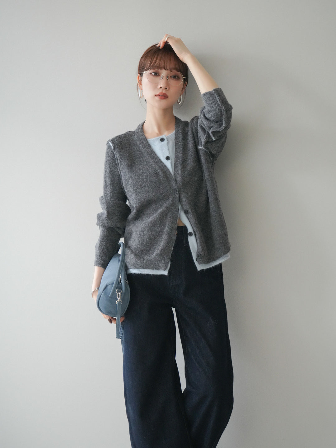 [SET]配色レイヤードニットカーディガン+選べるアクセセット(2set)