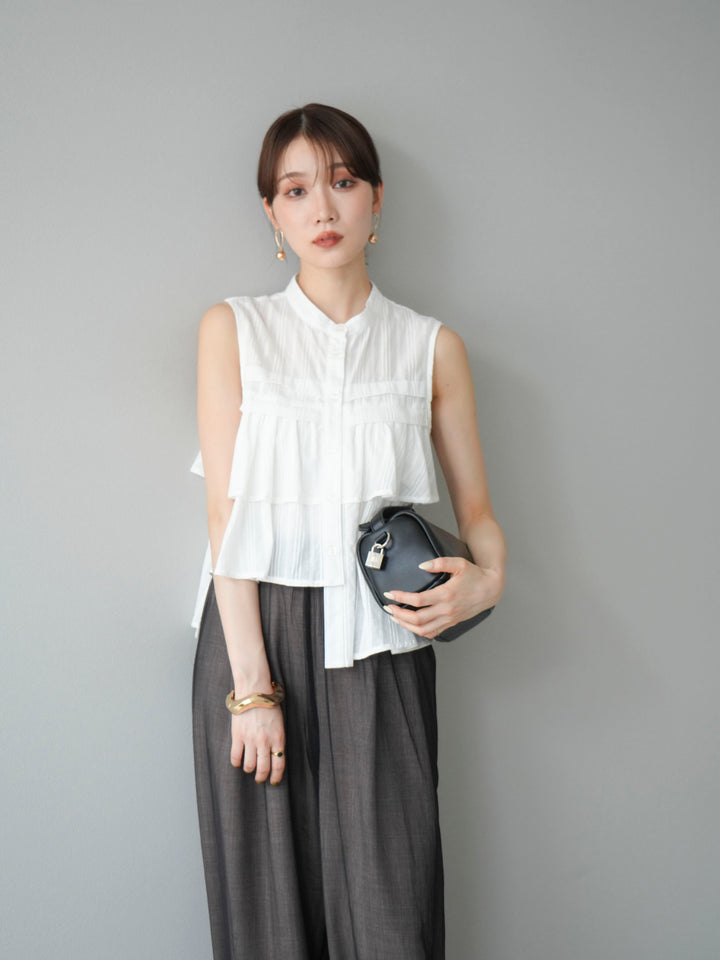 [SET]ドビーストライプアシンメトリーフリルノースリブラウス+コード刺繍チュールレイヤードパンツ+リネンライクイージーワイドパンツ(3set)