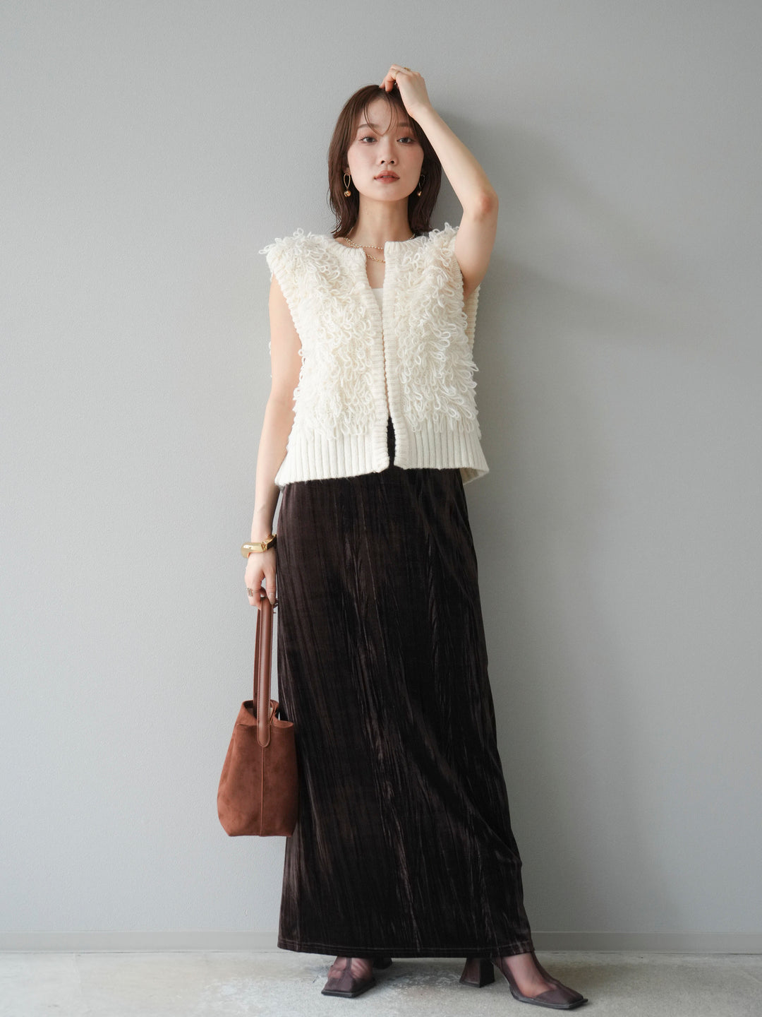 [SET]レザー襟オンブレチェックオーバーシャツ +ループデザインホックベスト +クラッシュベロアナロースカート(3set)