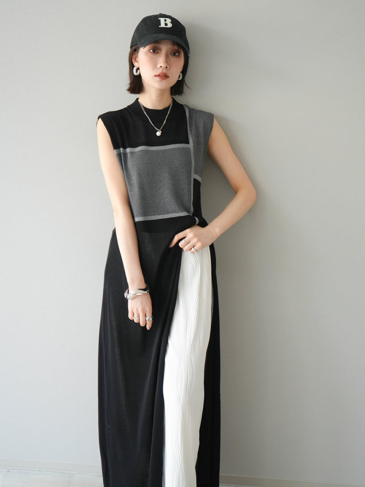 [SET] 配色開衩針織洋裝 + 波浪滾邊休閒褲 (2件套)