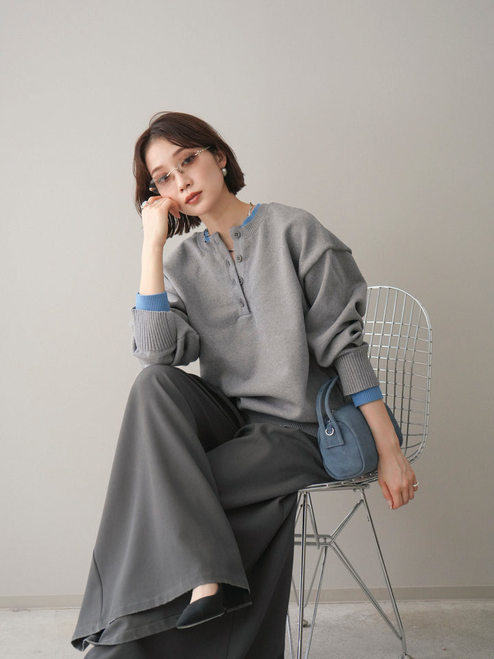 [予約]2WAYネック配色レイヤードニットプルオーバー/gray