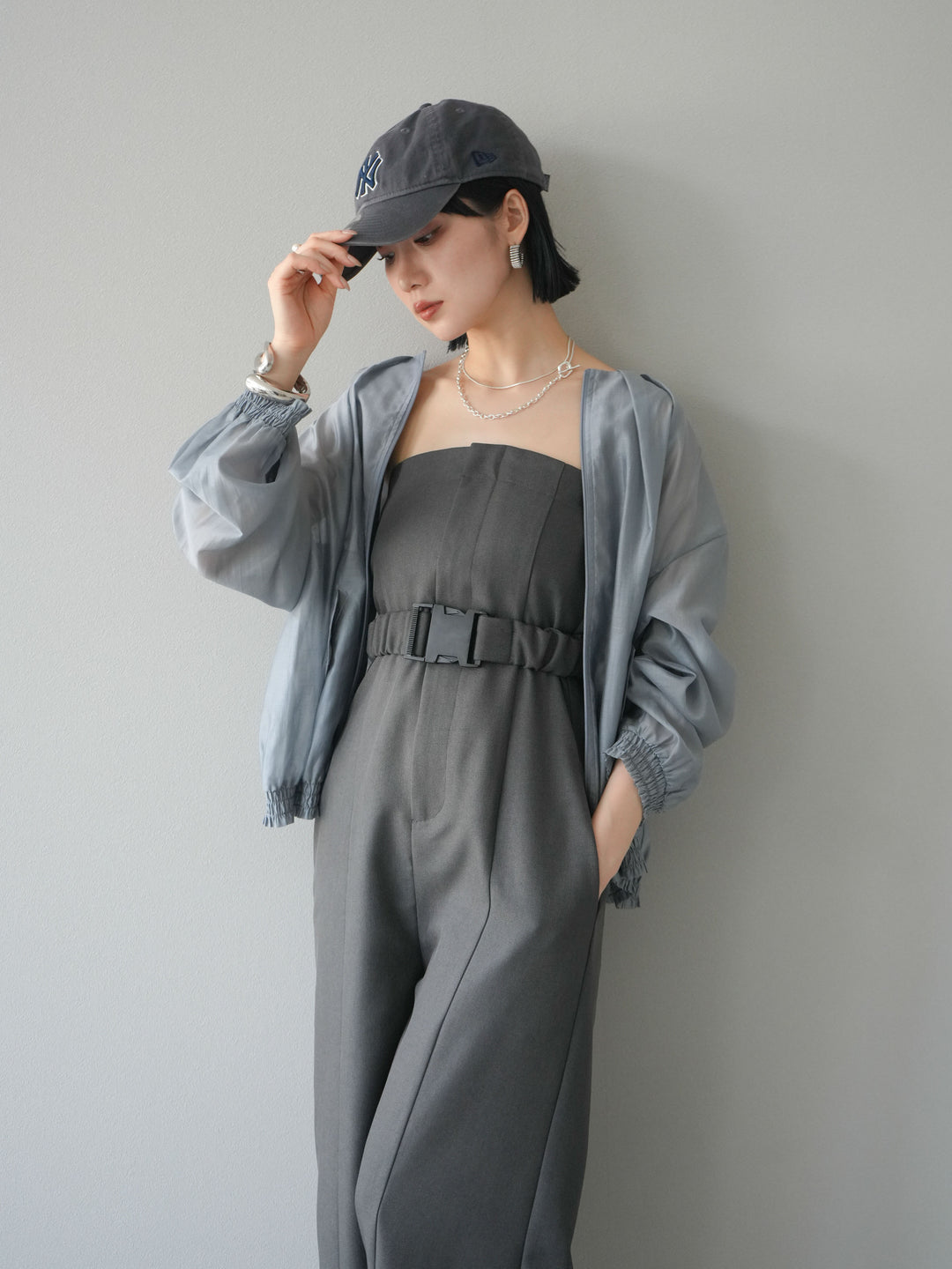 【預購】混色斜紋腰帶熊圖案工裝褲/炭灰色