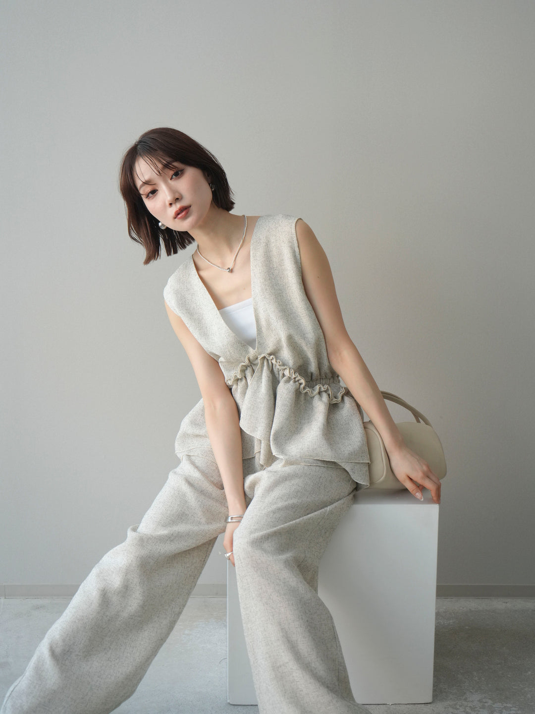 [SET]3WAYミックスツイードギャザーオールインワン+選べるアクセセット(2set)