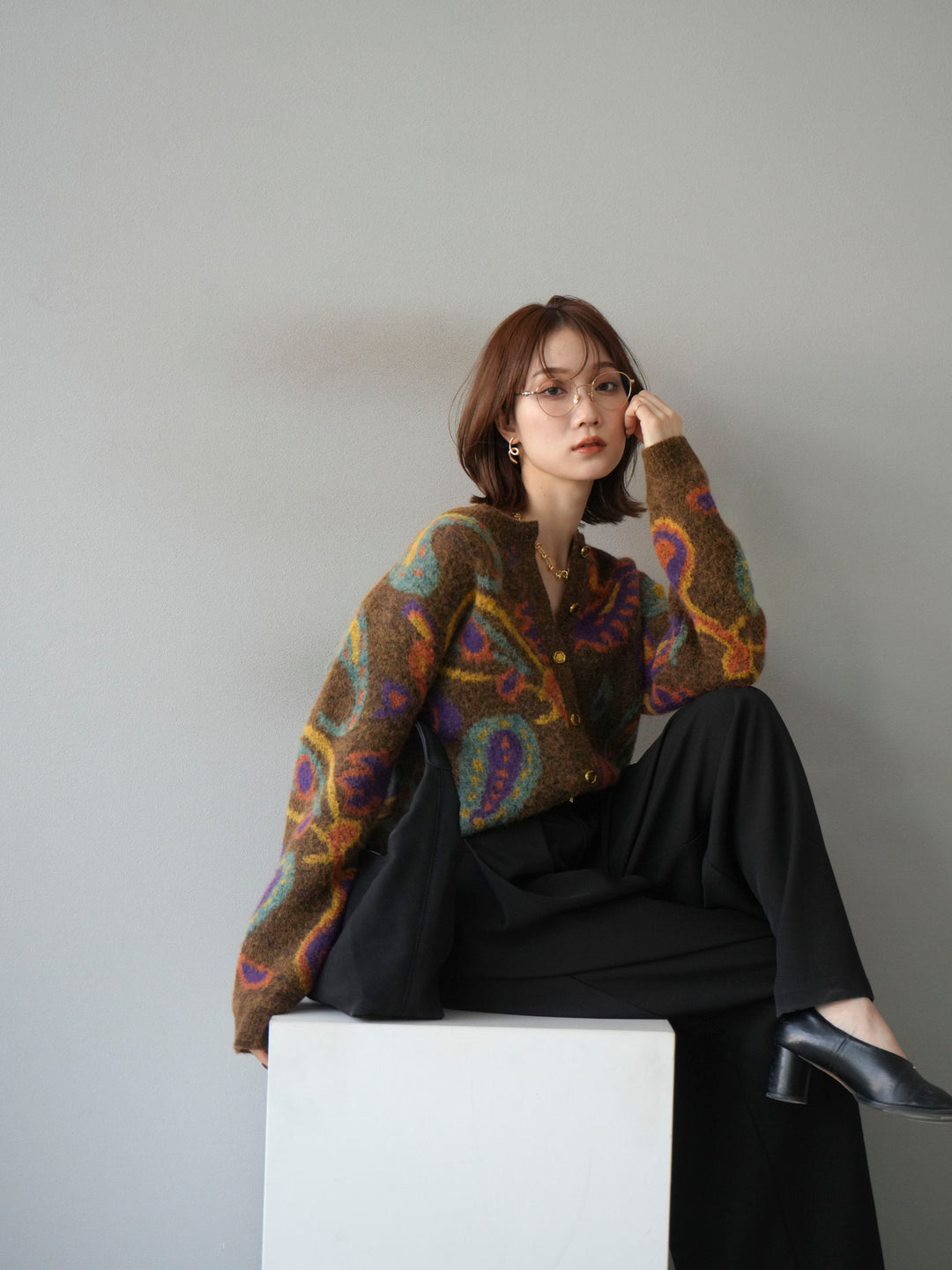 [予約]ミックスヤーンペイズリー柄ニットカーディガン/ブラウン