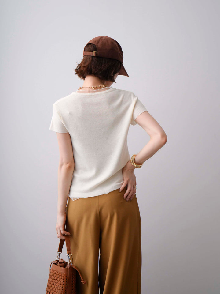 [SET]チュールレーヤードヘンリーフレンチニットトップス+ビジューベルトタックワイドパンツ(2set)