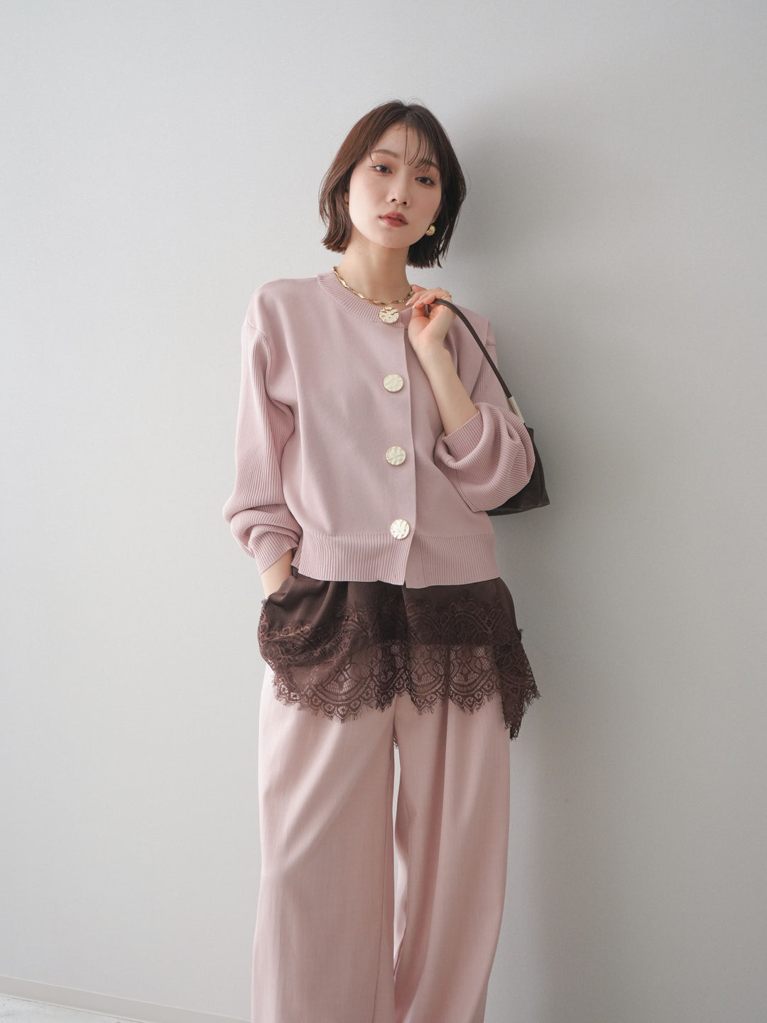 [SET]メタルボタンクルーネックニットカーディガン+選べるアクセセット(2set)