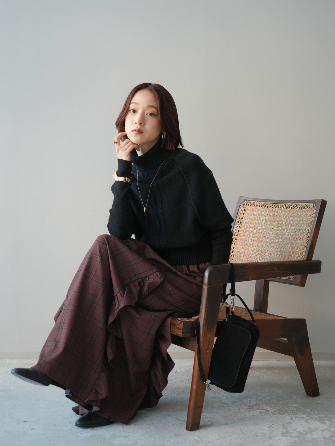 [予約]ケーブル編みタートルハーフスリーブニットアンサンブル/black